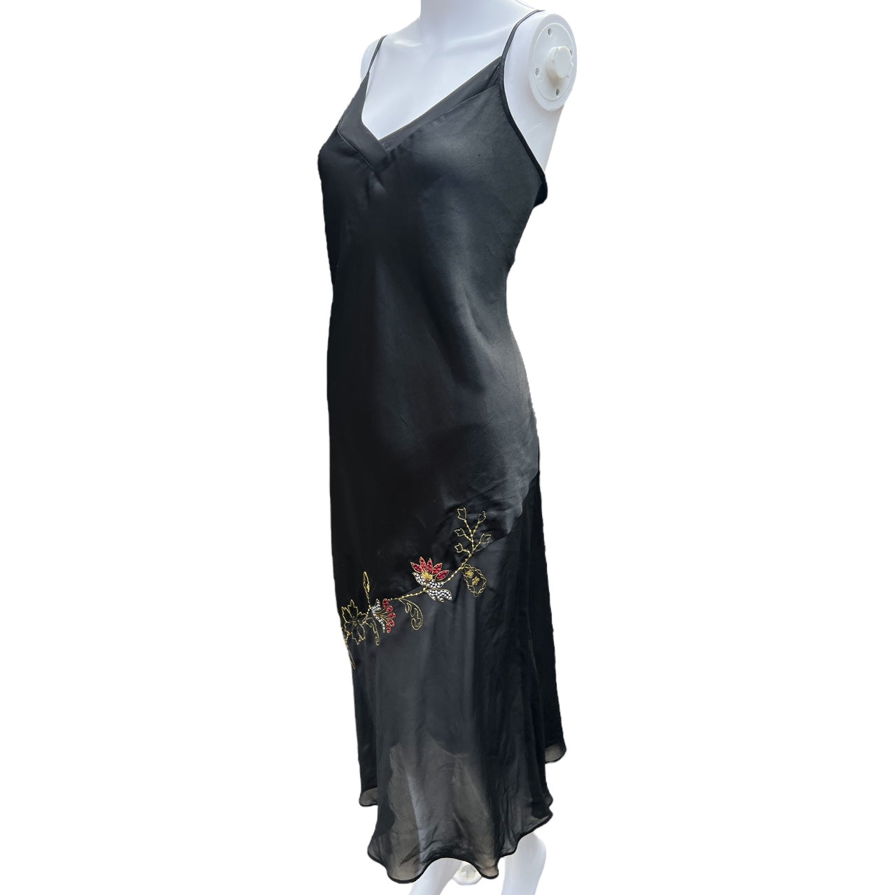 90s Massini Black Satin Asymmestrical Slip Dress Embroidered Sequin Floral Design Sheer Chiffon Trim Women’s Med