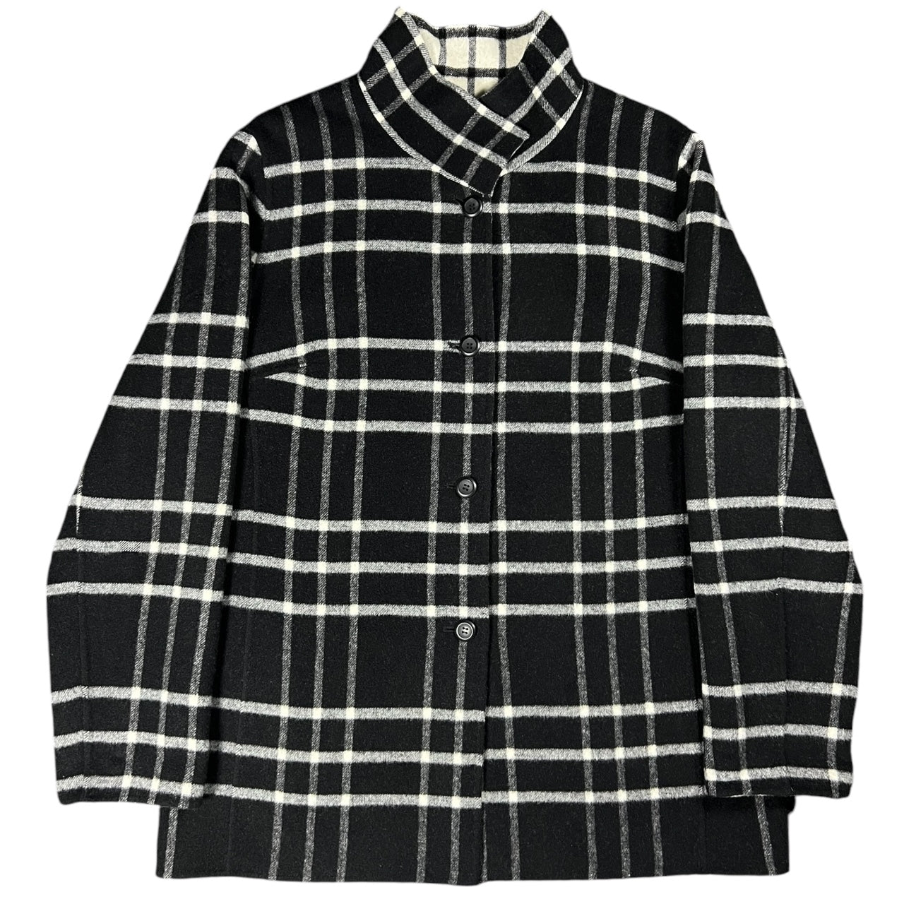 Pendleton Merino Wool Blend Black White Plaid Reversible Mid-Length Button Down Jacket Standing Collar Womens Med