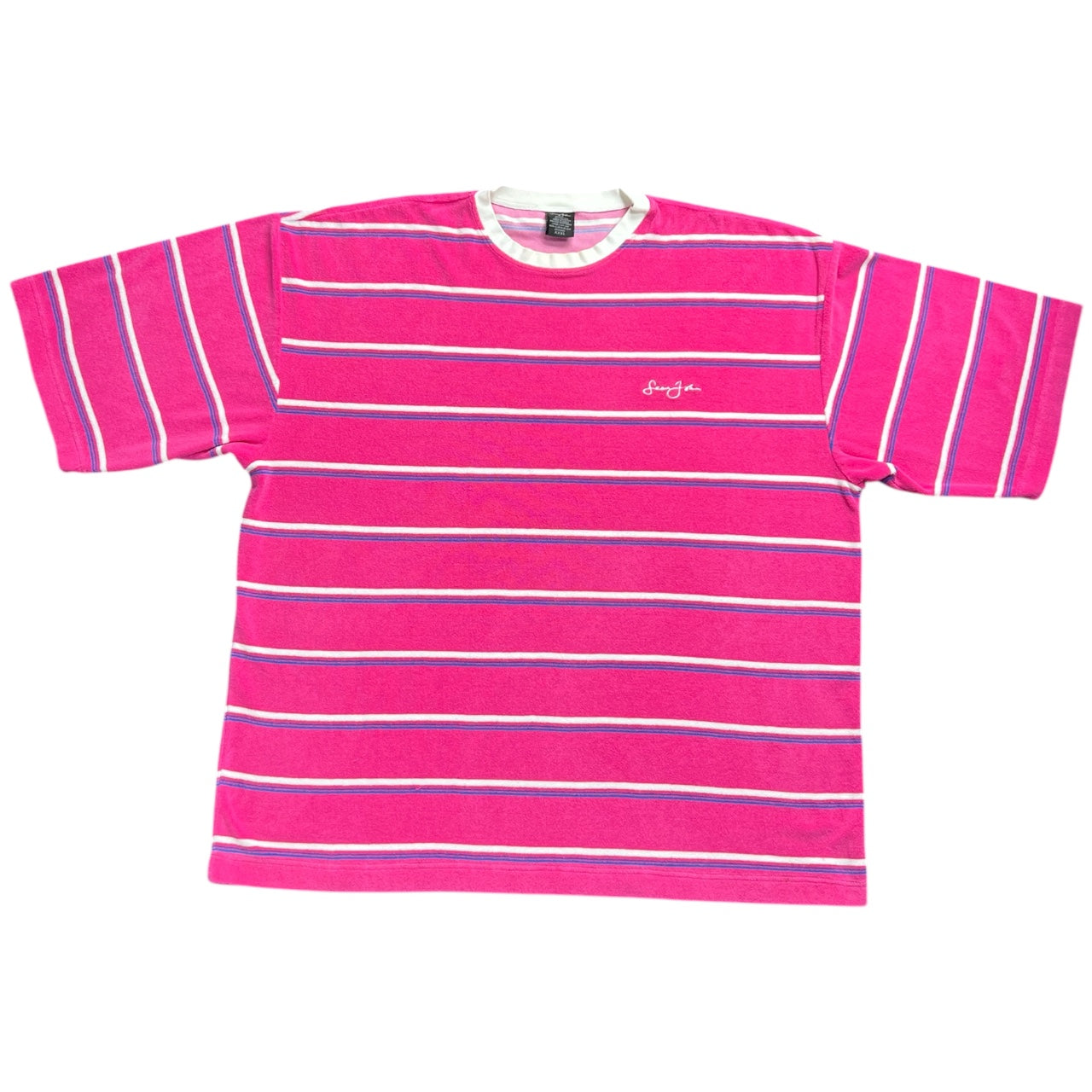 Vintage Y2K Sean John Pink Striped Towel Terry Cloth Baggy Crewneck T-Shirt Embroidered Men’s 3XL