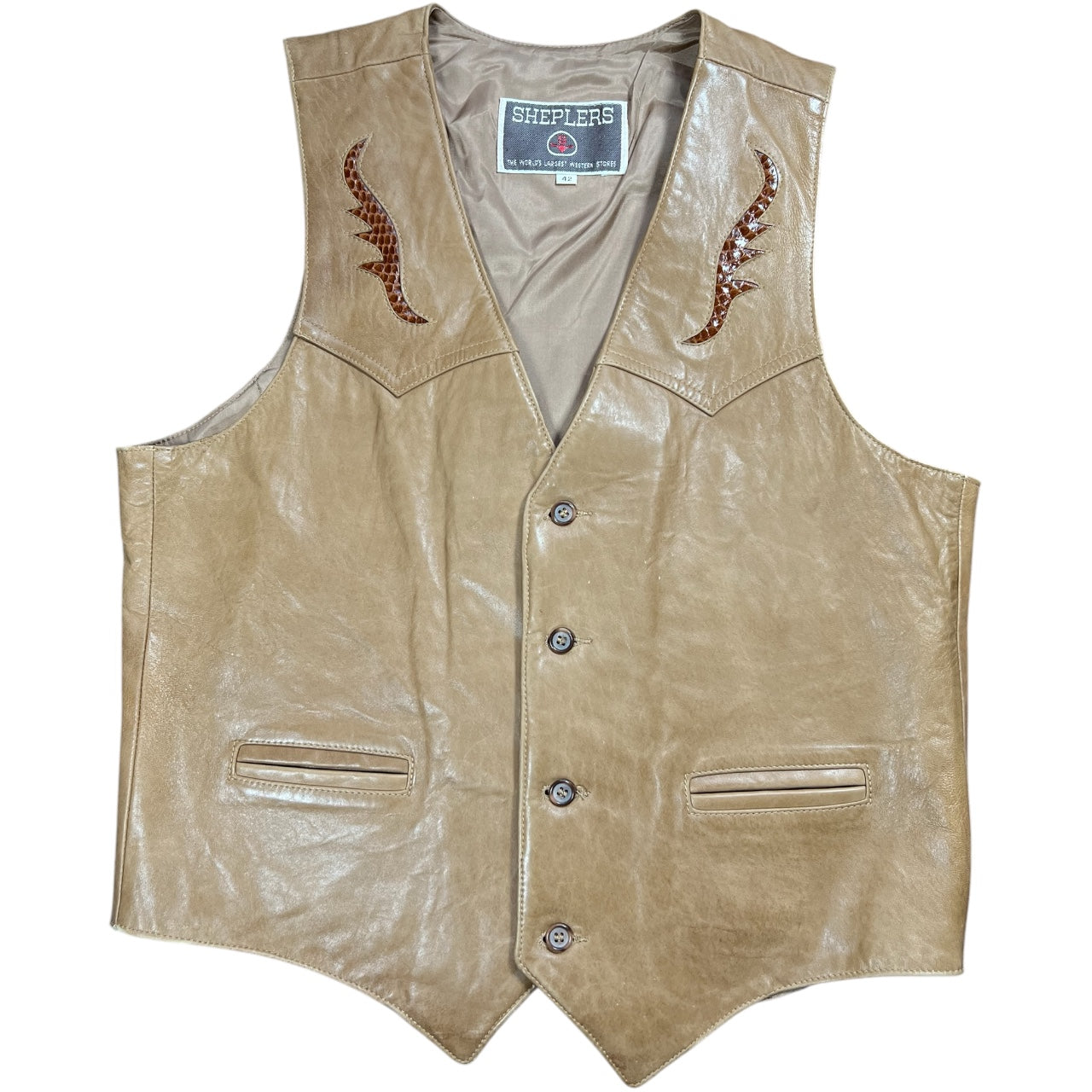 Vintage Sheplers Pardners Western Cowboy Tan Leather Vest Brown Croc Detailing Men’s 42