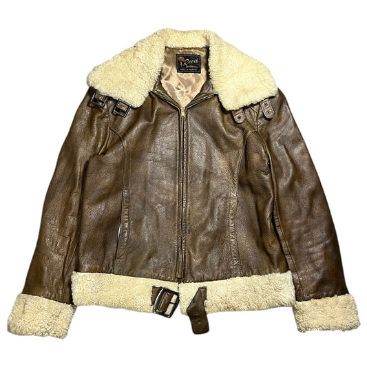 Vintage Reed Sportswear Brown Leather Flight Bomber Jacket Shearling Collar Trim Women’s XL Scovill Zipper