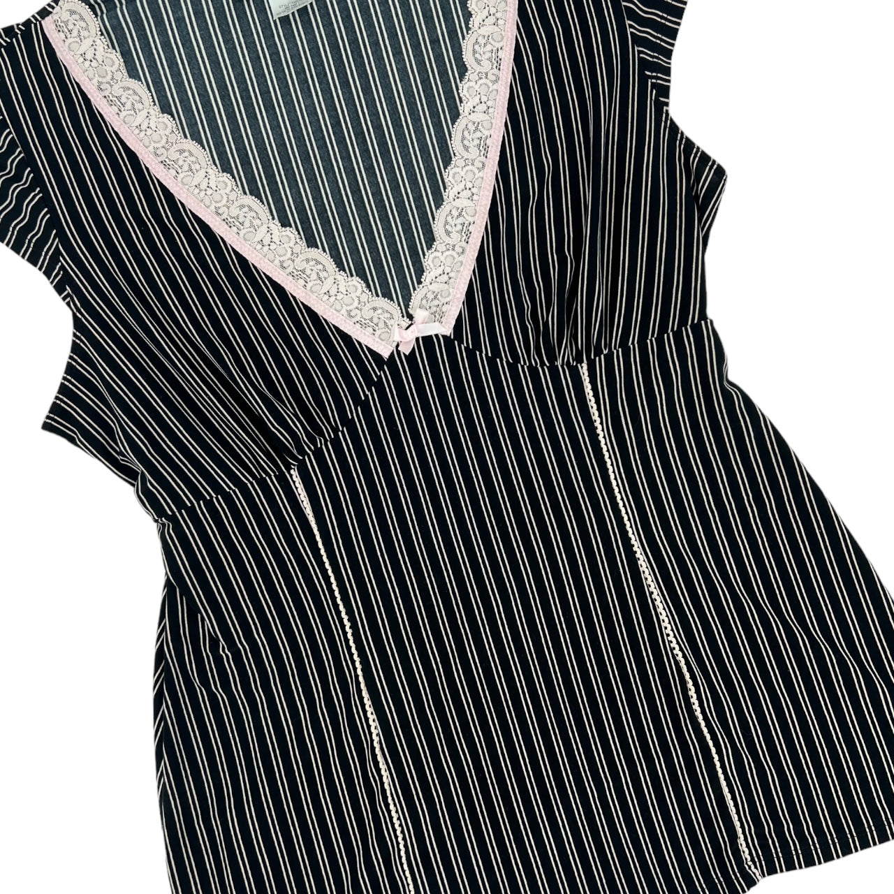 Vintage Y2K Studio Donatella Black Pinstripe Sleeveless Top Pink Lace Ribbon Women’s M