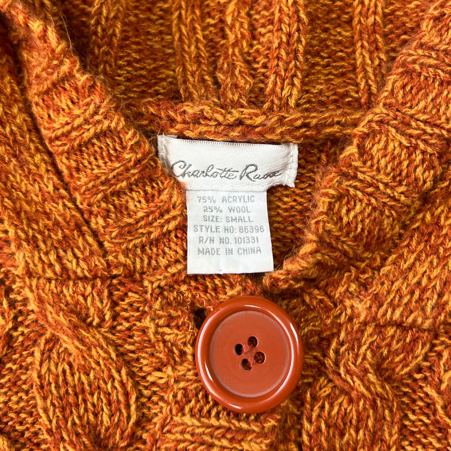 90s Y2K Charlotte Russe Burnt Orange Cropped Cable Knit Cardigan Hooded Women’s Small Acrylic Wool Blend