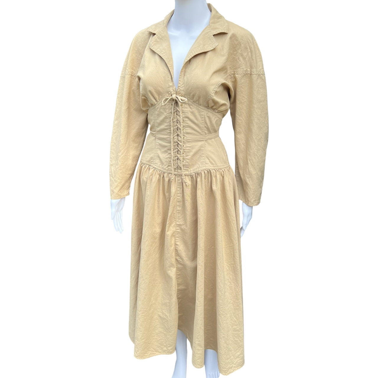 90s Fred Charles Tan Lace Up Corset Midi Dress Notch Collar Women’s 7 100% Cotton