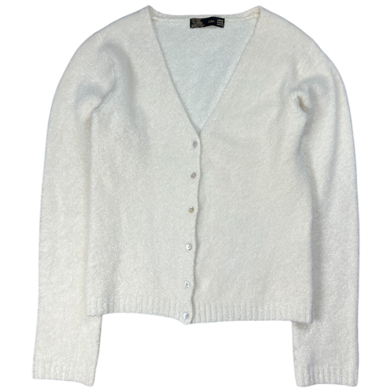 Vintage Zara Cream Longsleeve Cardigan Nylon Wool Angora Blend Women’s Medium Mother of Pearl Buttons