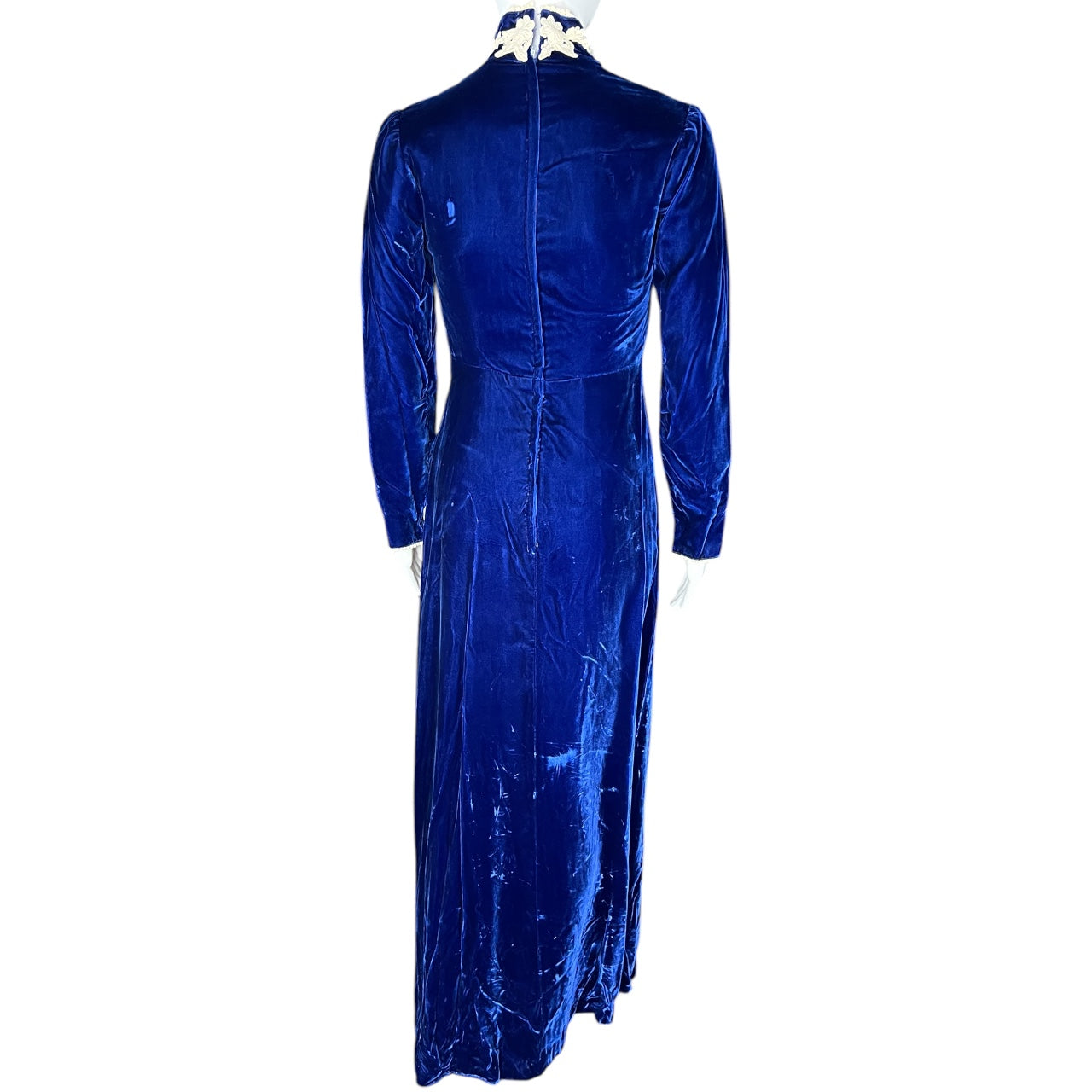 Vintage 60s 70s Medieval Revival Sapphire Velvet Gown Queen Anne Collar White Lace Sz 8