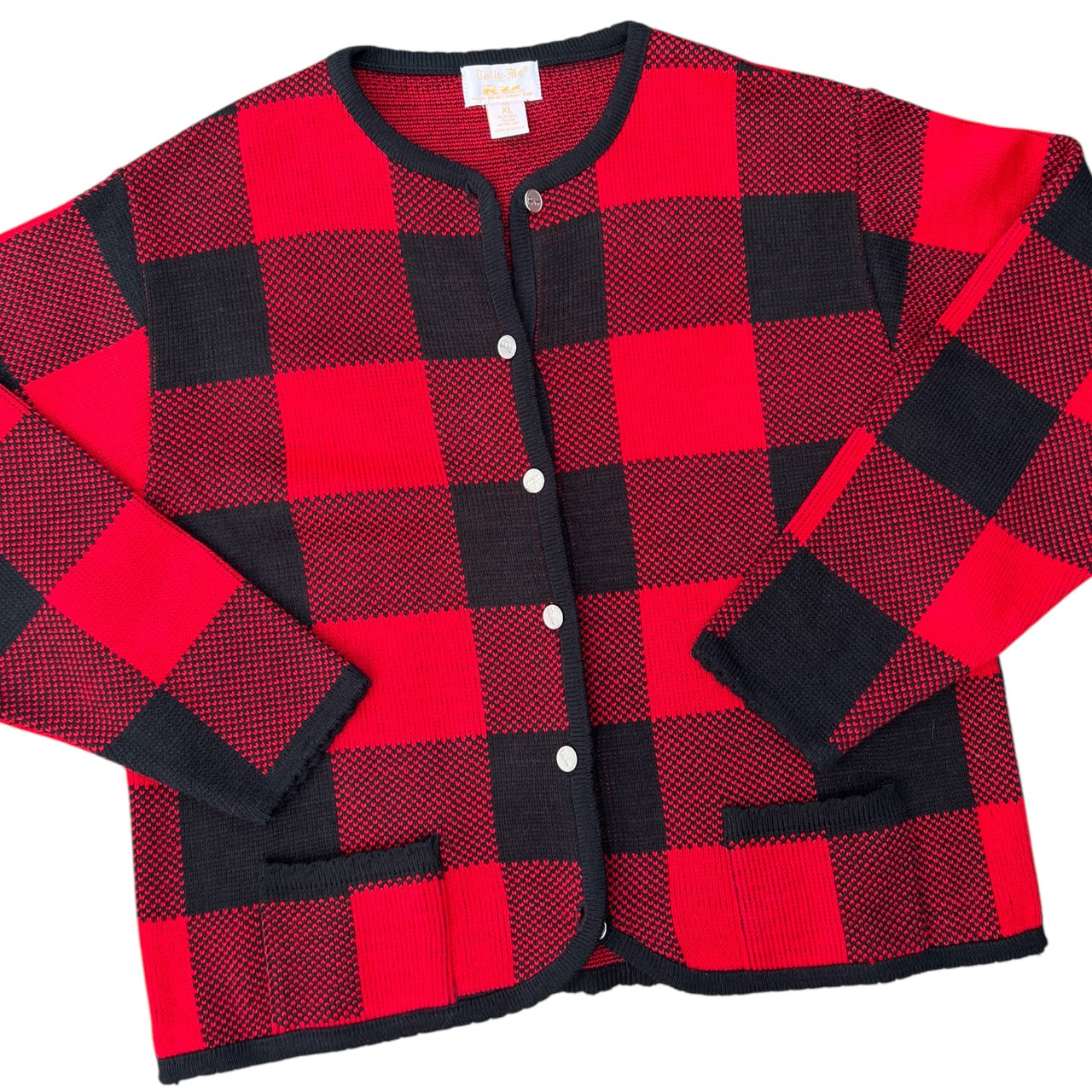 Vintage Tally Ho Red Checkered Cardigan Acrylic Metal Buttons Women’s XL