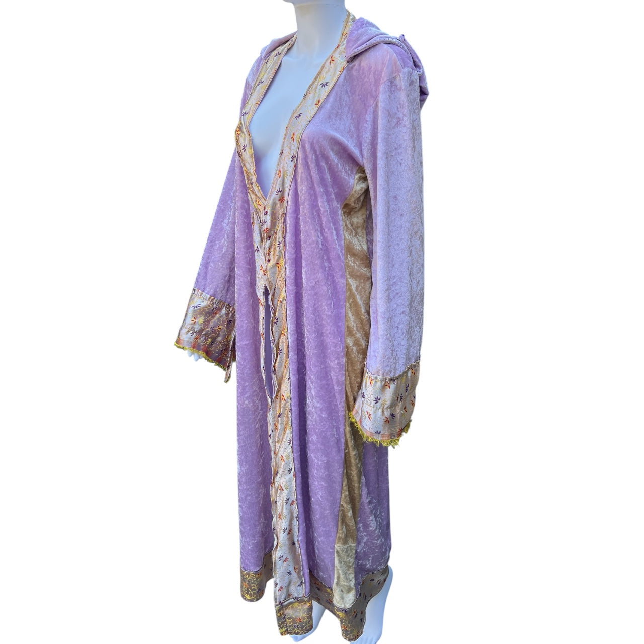 Vintage Handmade Lavender Crushed Velvet Velour Hooded Robe Beaded Fringe Medieval Renn Faire One Size