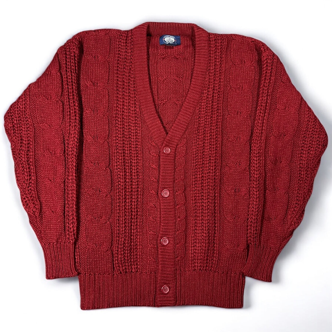 Vintage 80s Knights Bridge Dark Burgundy Red Cable Knit Cardigan 100% Virgin Acrylic Mens Med