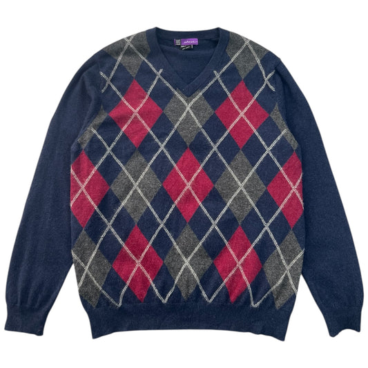 Saks Fifth Avenue Cashmere Sweater Men’s M Navy Blue Red Argyle V Neck