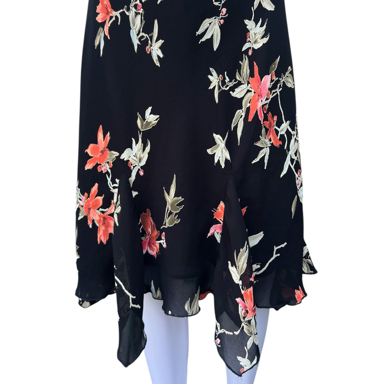 90s Y2K Lily Black Floral Chiffon Midi Dress Handkerchief Hem Women’s Large Made in USA