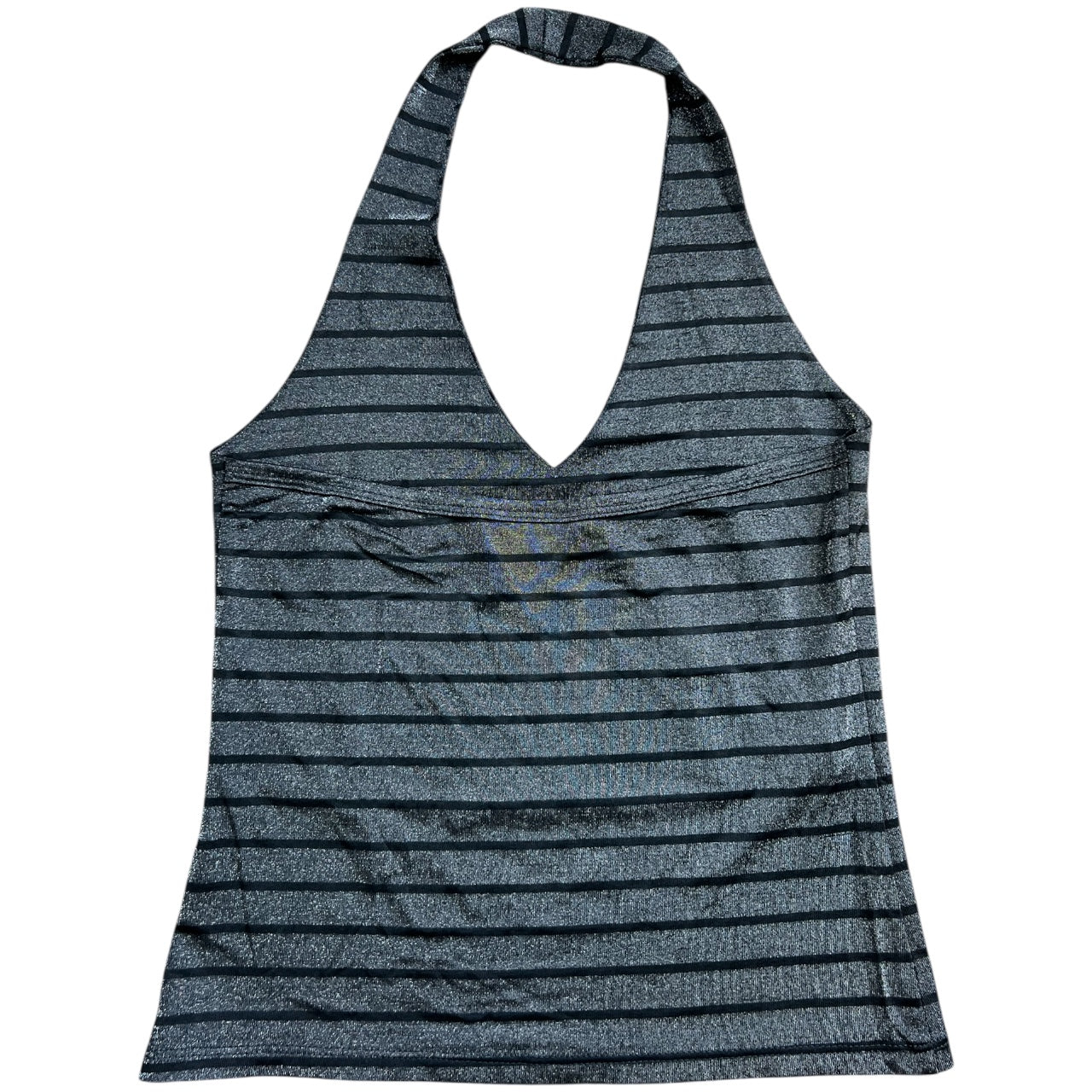 90s Hot Spot Grey Black Striped Halter Top Holographic Glitter Women’s Med Made in USA