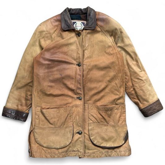 90s Paris Sports Club Brown Leather Chore Jacket Barn Coat Flannel Lined Men’s Small