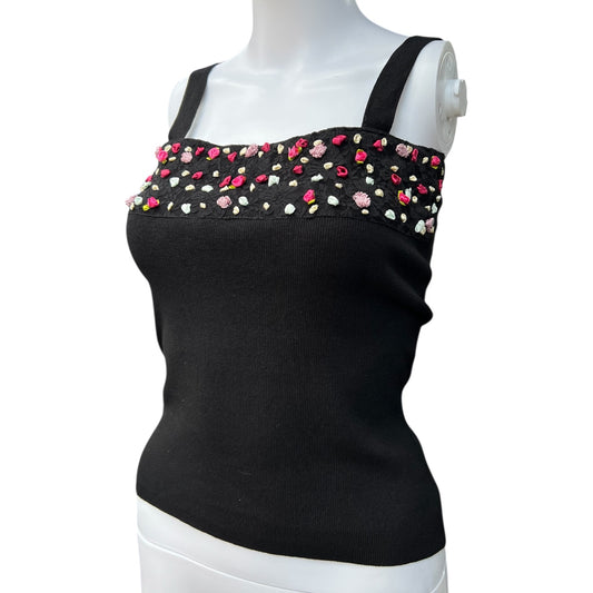 90s Y2K Belldini Black Knit Tank Floral Ribbon Lace Detail Women’s Med