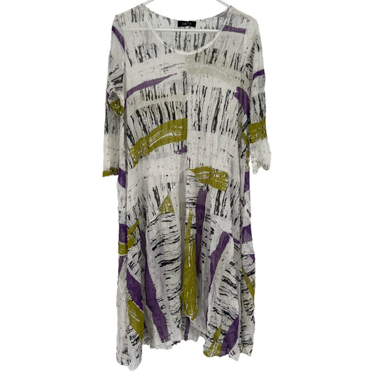 Comfy USA Sheer Mesh Dress Crinkle Asymmetrical Scribble Print White Black Purple Women’s S
