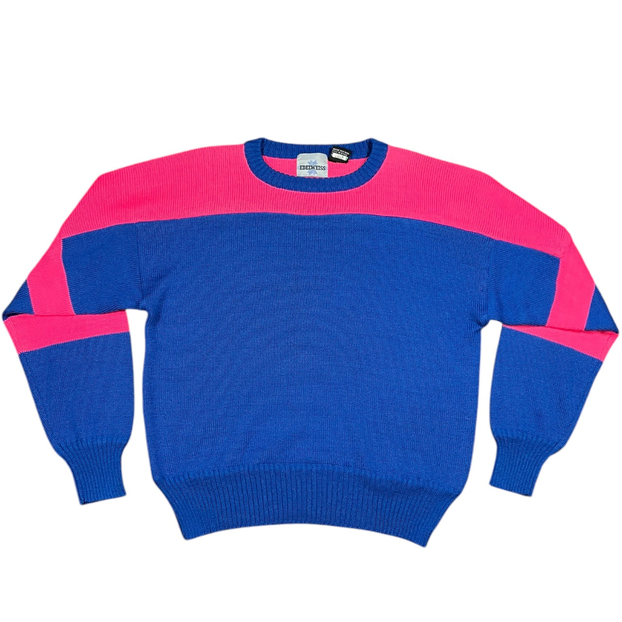 Vintage 90s Edelweiss Blue Pink Striped Acrylic Wool Blend Ski Sweater Mens XL