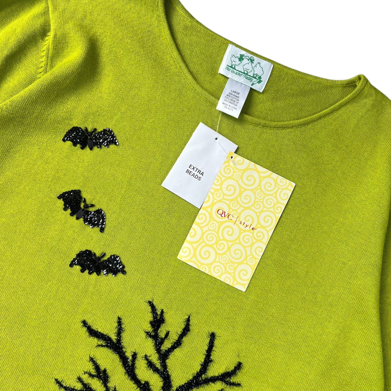 NWT Vintage Quacker Factory Lime Green Ugly Halloween Sweater Black Cat Graveyard Glitter Sequin Women’s Large