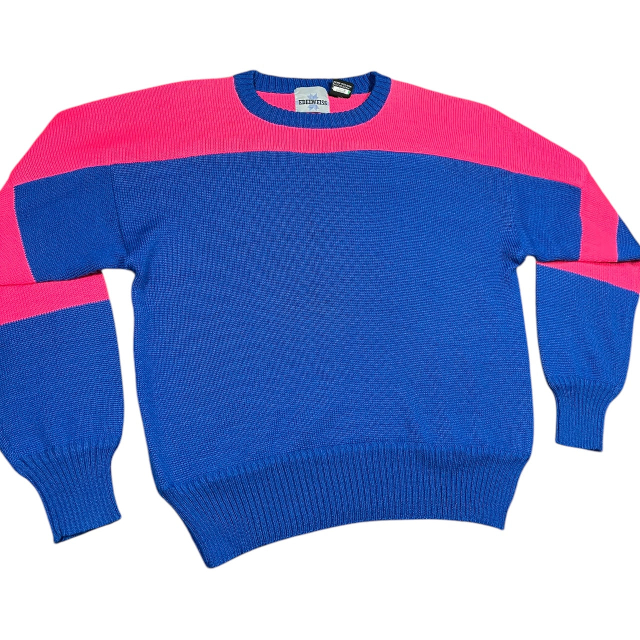 Vintage 90s Edelweiss Blue Pink Striped Acrylic Wool Blend Ski Sweater Mens XL