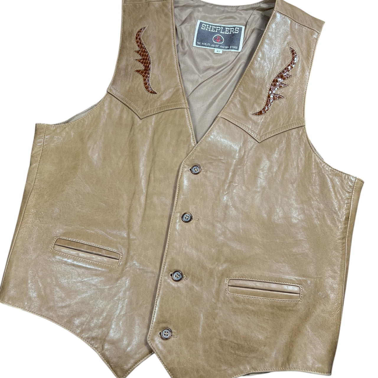 Vintage Sheplers Pardners Western Cowboy Tan Leather Vest Brown Croc Detailing Men’s 42