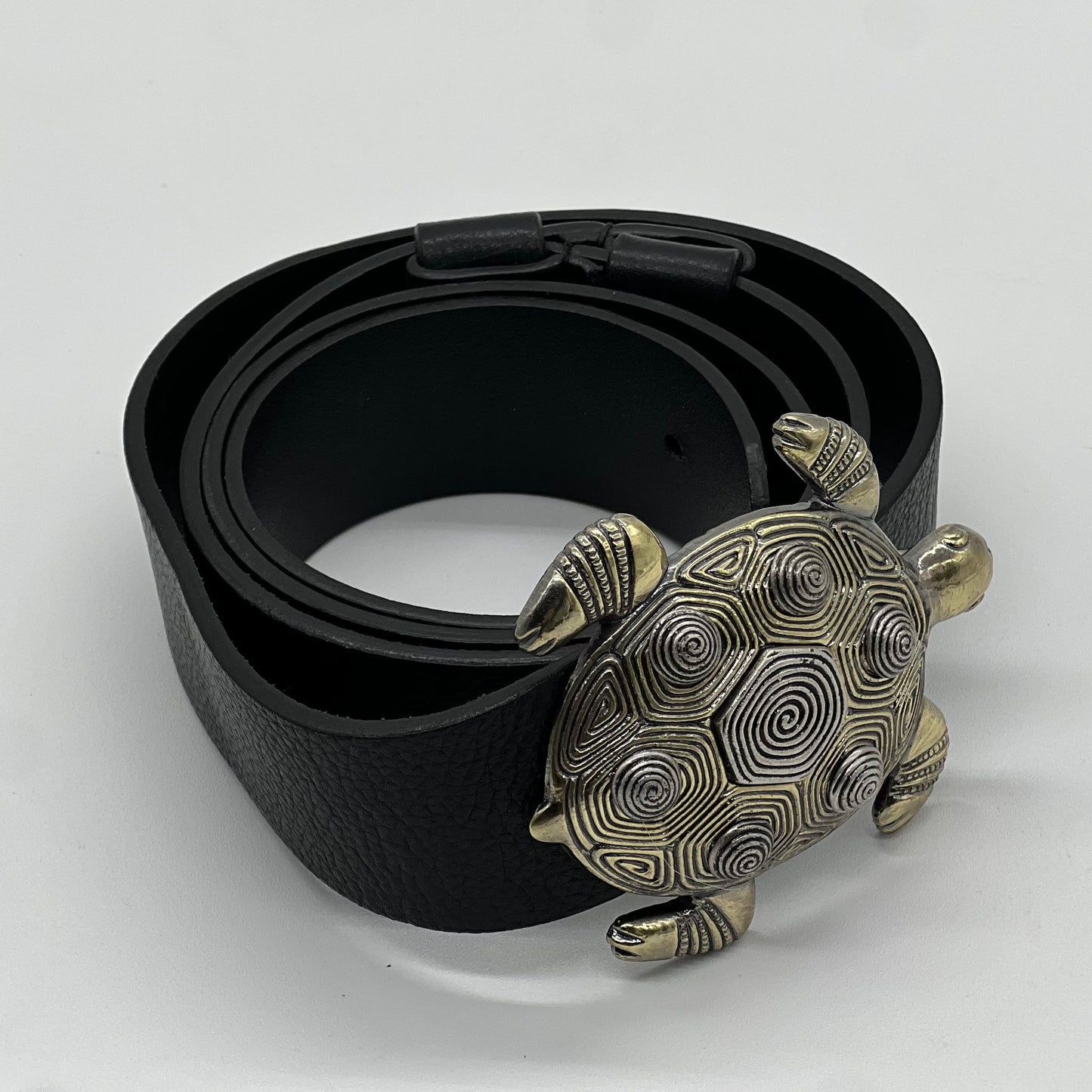 Chico’s Black Leather Belt Metal Turtle Belt Buckle Womens M/L 45”