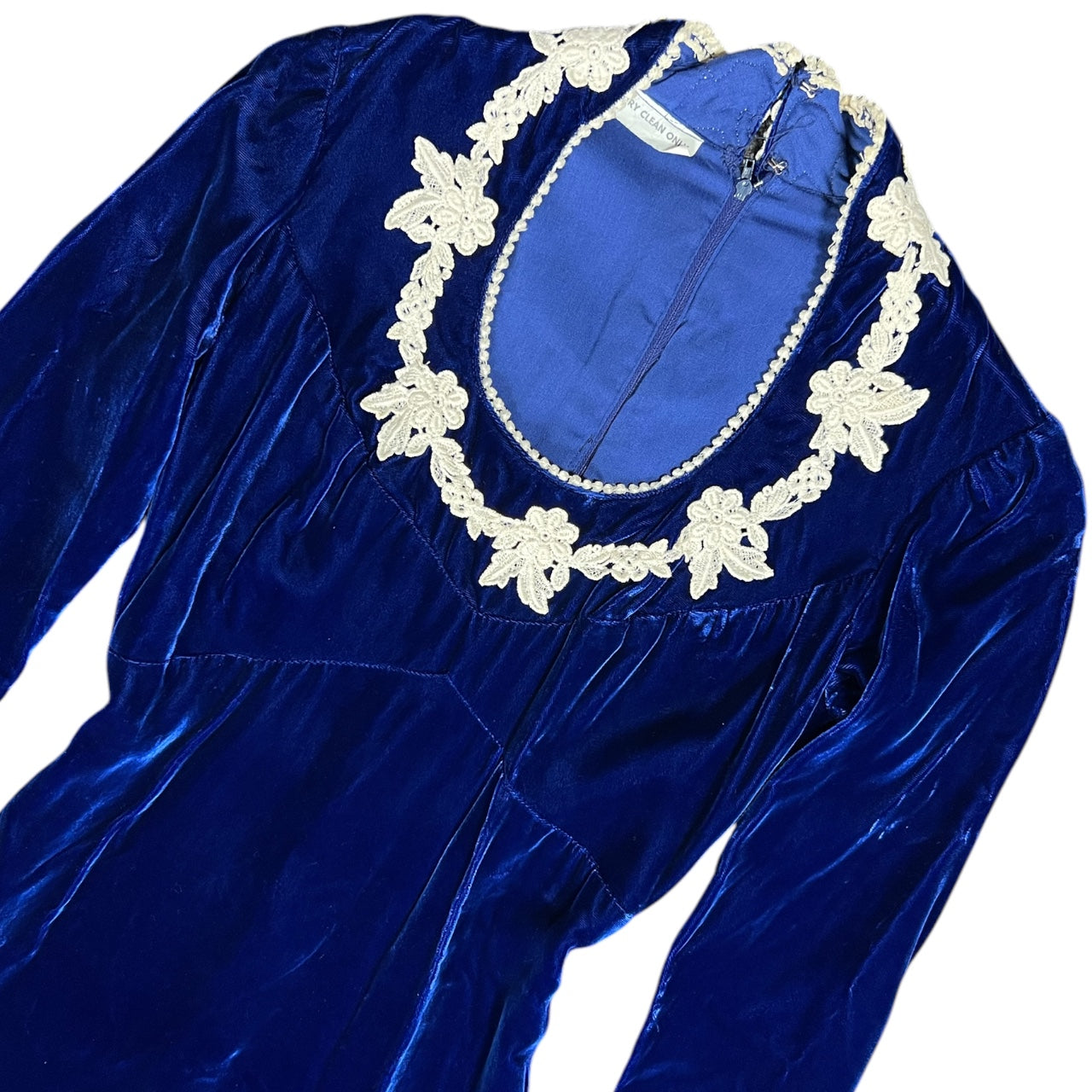 Vintage 60s 70s Medieval Revival Sapphire Velvet Gown Queen Anne Collar White Lace Sz 8