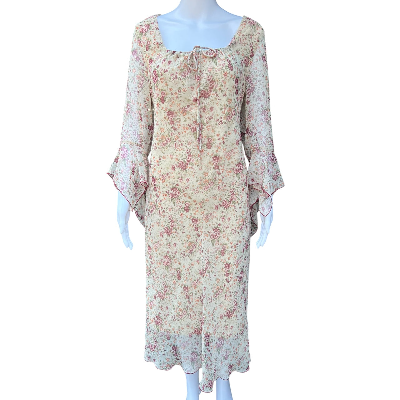90s Studio Y Sheer Floral Scoop Neck Midi Dress Flared Sleeves Women’s 13 Made in USA