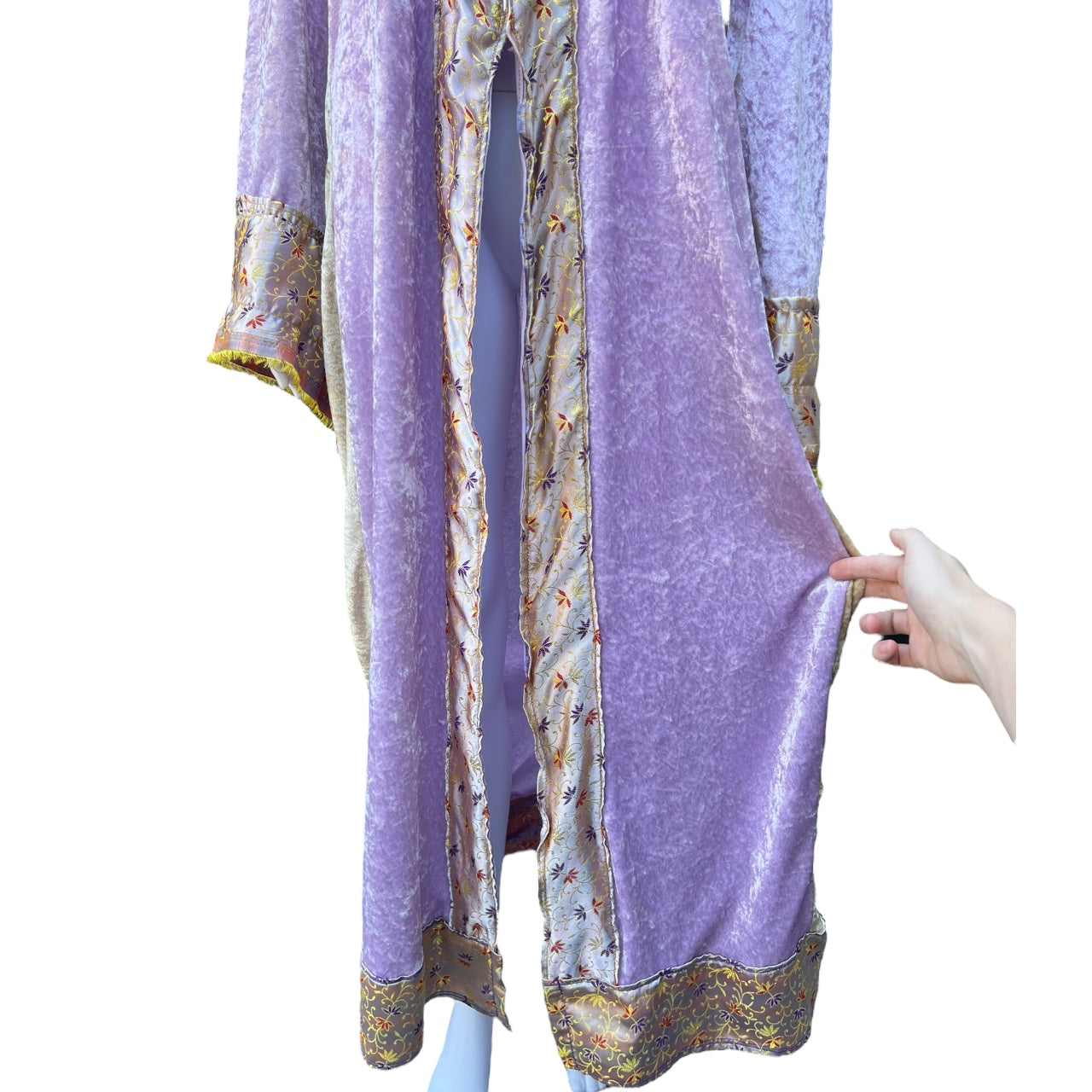 Vintage Handmade Lavender Crushed Velvet Velour Hooded Robe Beaded Fringe Medieval Renn Faire One Size