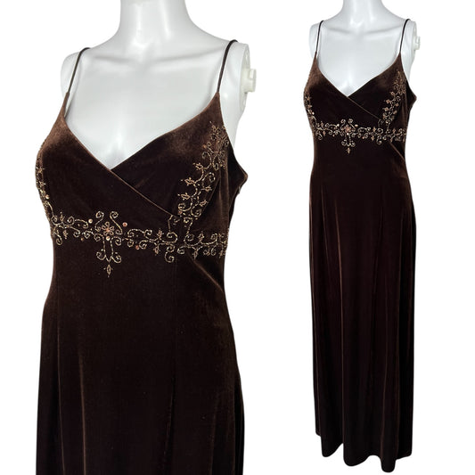 Y2K Dave & Johnny by Laura Ryner Brown Velvet Bead Embellished Maxi Gown Mesh Women’s 9/10