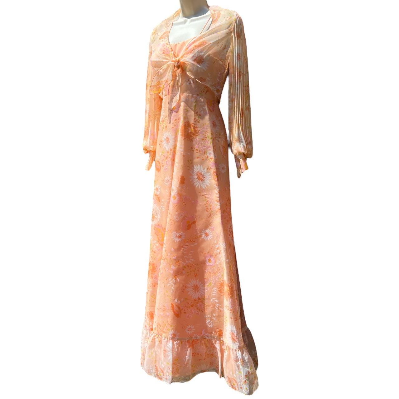 Vintage 1970s Union Made Peach Floral Maxi Dress Matching Bolero Jacket Pastel Orange Sundress 7