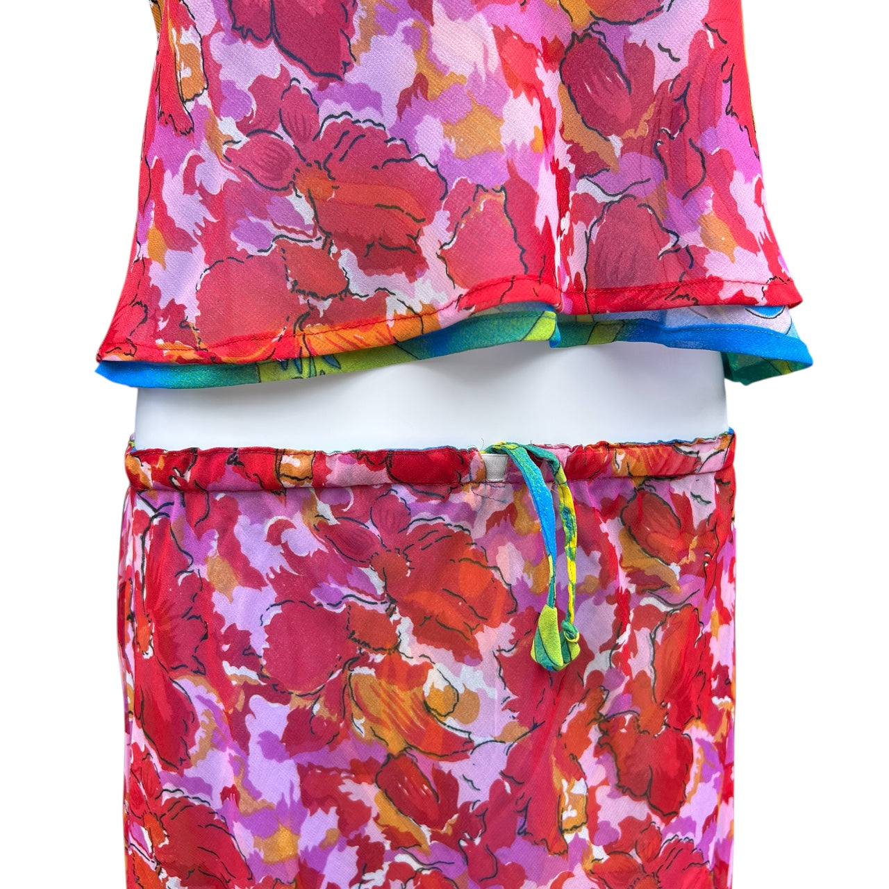 Vintage Reversible 2 Pc. Chiffon Tank Top Skirt Set Abstract Floral Print Women’s S/M