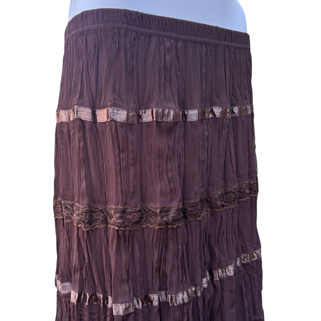 90s Y2K Brown Boho Tiered Crinkle Maxi Skirt Ribbon Floral Lace Trim Women’s 14/16W