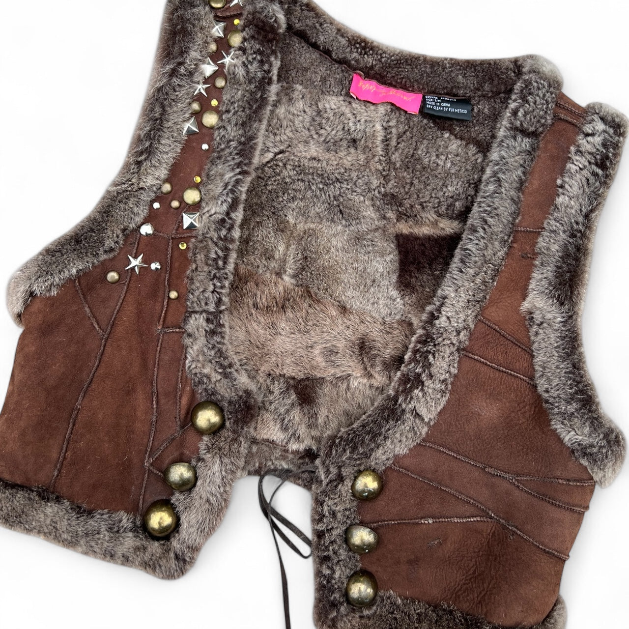Y2K Betsy Johnson Brown Sheepskin Patchwork Studded Vest Women’s S/M