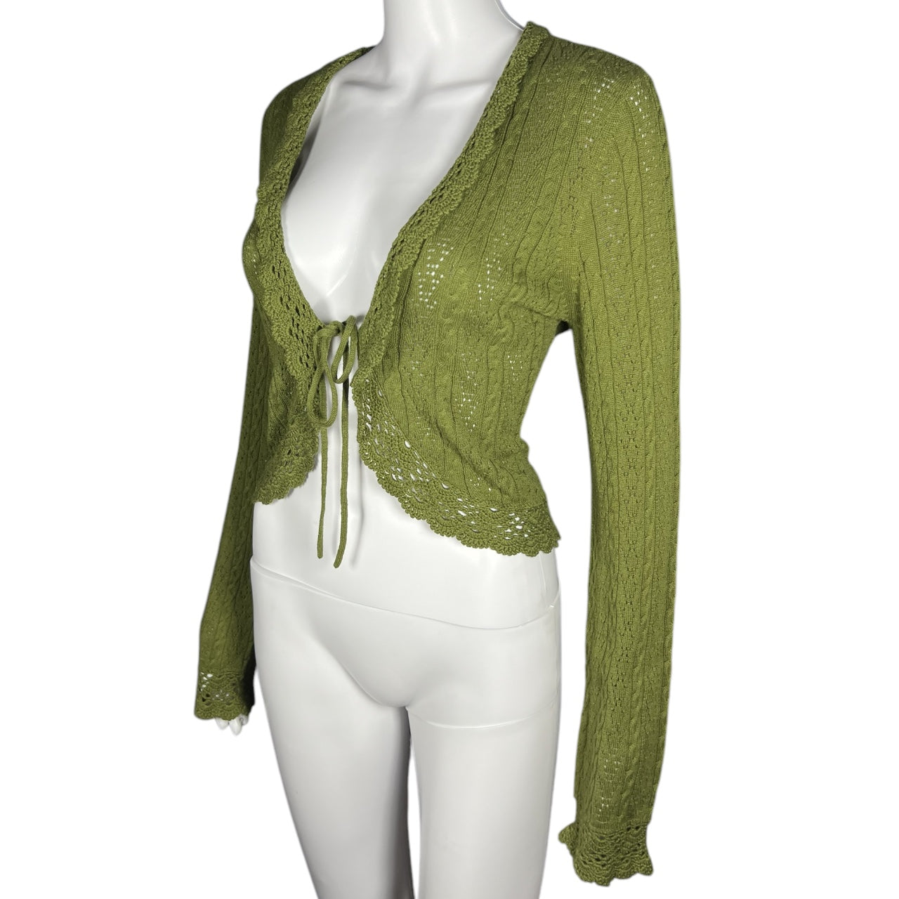 Vintage 90s Y2K Tribal Olive Green Longsleeve Crochet Cableknit Cardigan Acrylic Blend Women’s Large Deadstock NWT