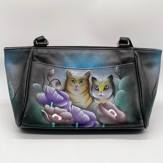 Anna by Anuschka Hand Painted Floral Cat Pebbled Leather Shoulder Tote