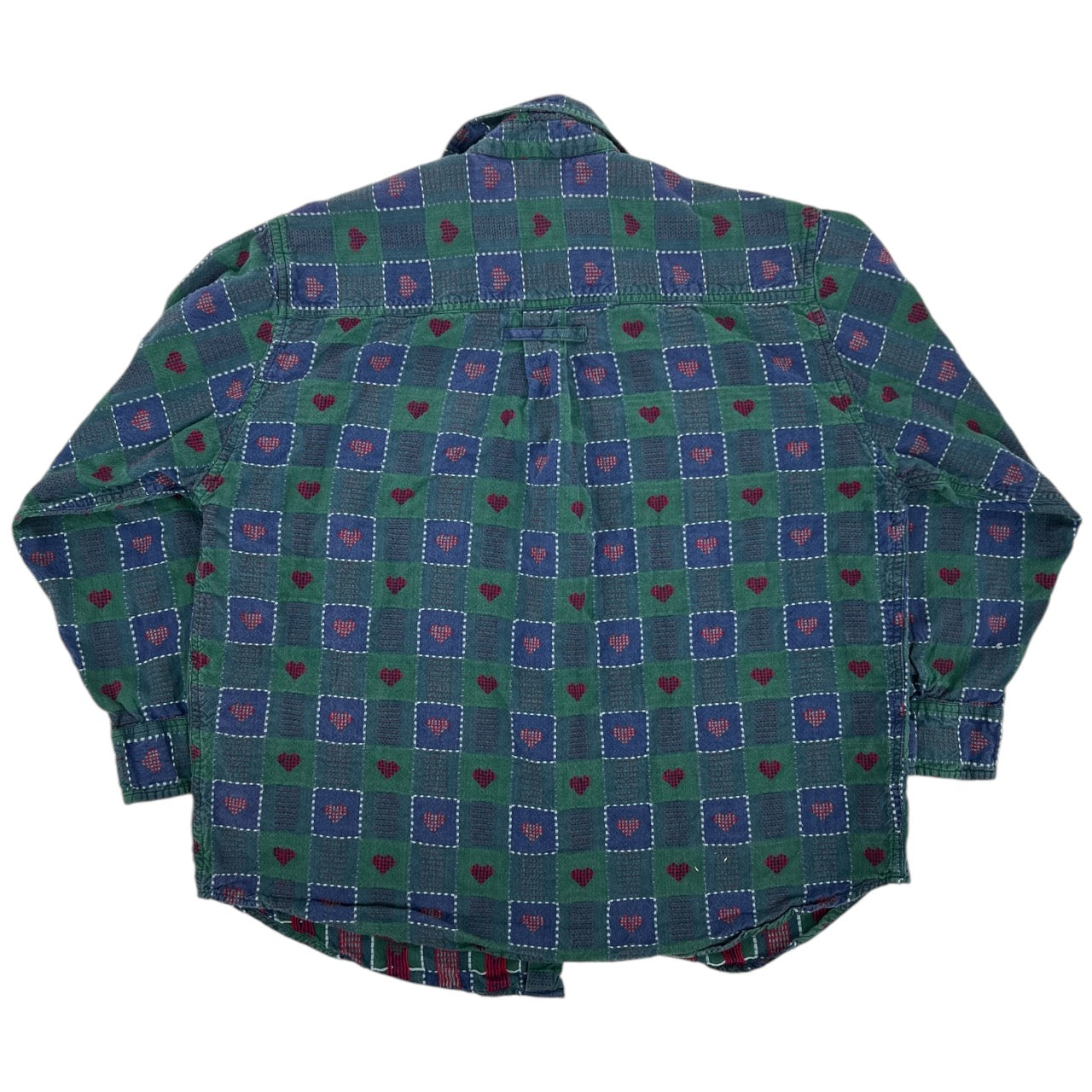 Vintage 90s Krazy Kat Green Patchwork Heart Plaid Flannel Womens Large