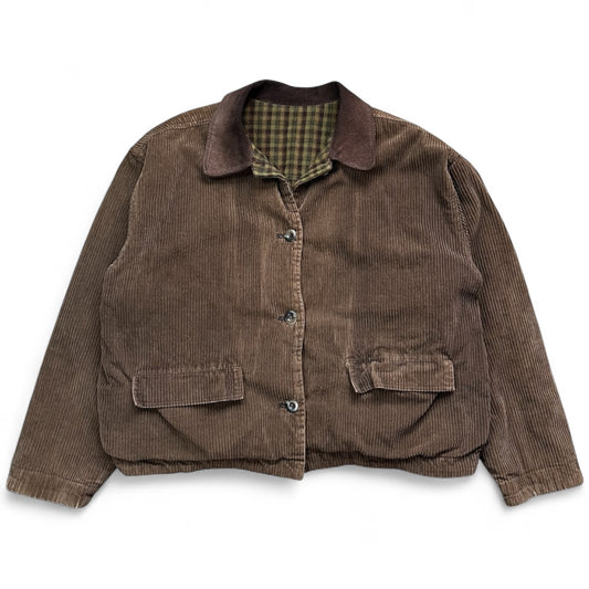 90s JL Colebrook Brown Corduroy Utility Jacket Crop Cut Leather Collar Men’s Large Reversible