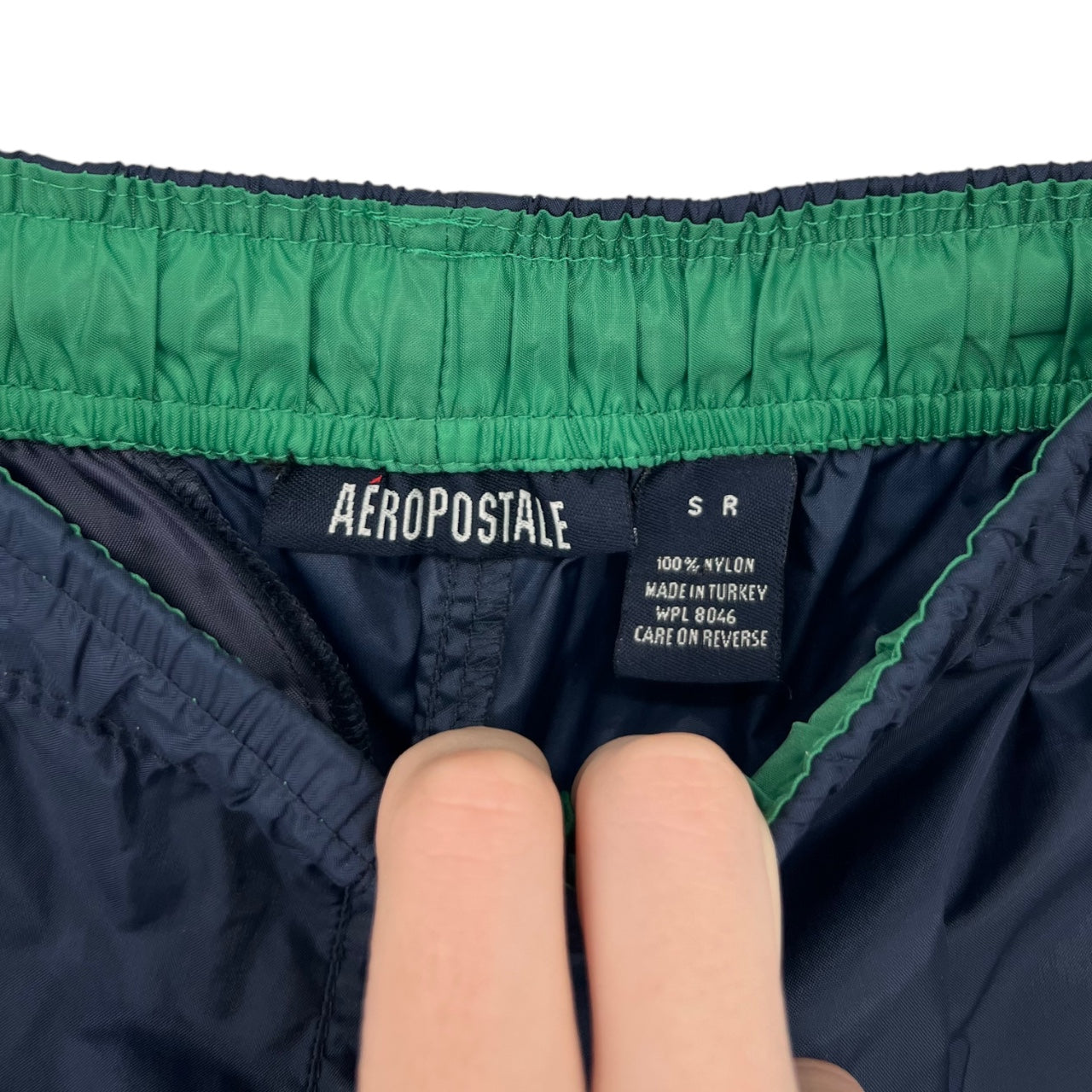 Vintage Y2K Aéropostale Nylon Track Pants Navy Blue Green/White Stripe Men’s Small