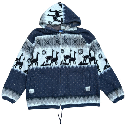 Yari Artesanias Hooded Wool Zip Up Jacket Llama Aztec Men’s XL