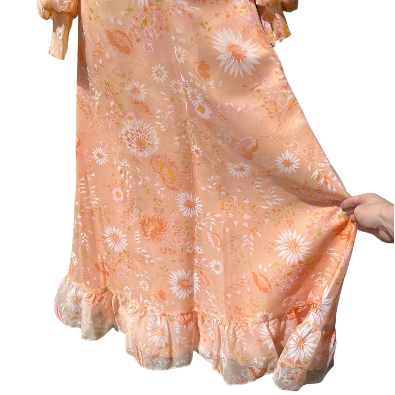 Vintage 1970s Union Made Peach Floral Maxi Dress Matching Bolero Jacket Pastel Orange Sundress 7