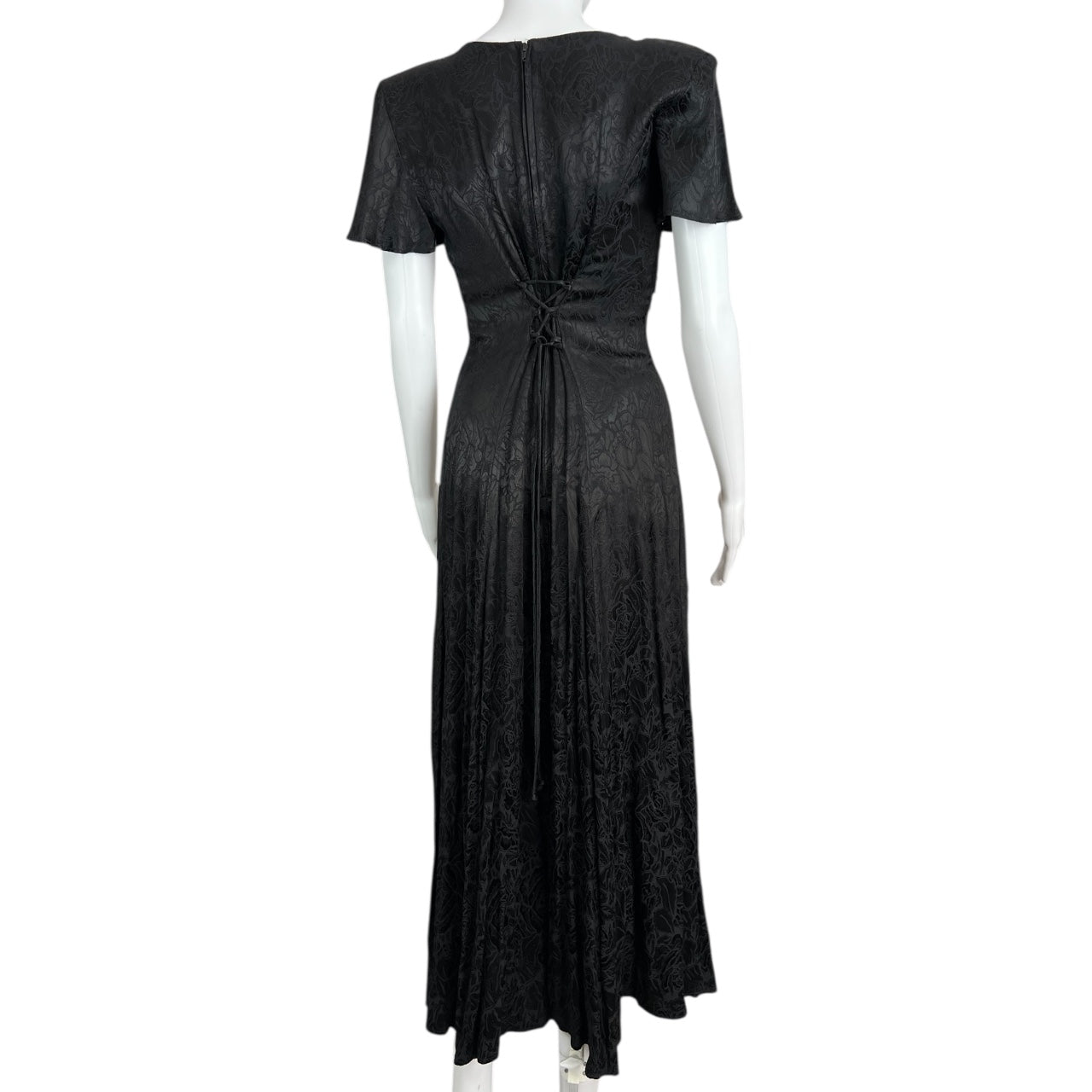 80s 90s Jody California Black Satin Jacquard Maxi Dress Criss Cross Corset Back Women’s 5 Goth Made in USA