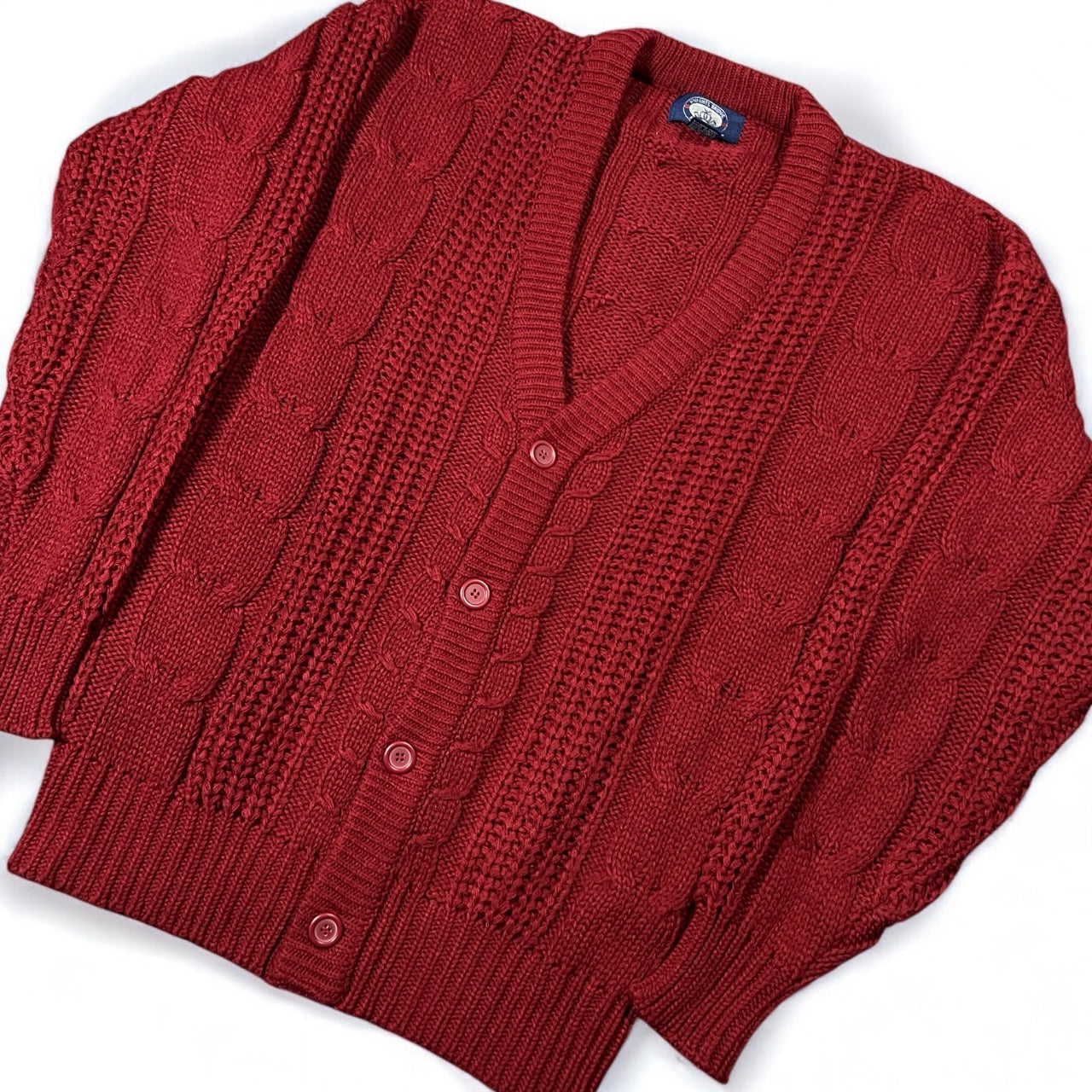 Vintage 80s Knights Bridge Dark Burgundy Red Cable Knit Cardigan 100% Virgin Acrylic Mens Med