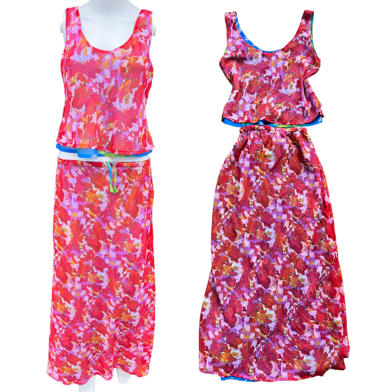 Vintage Reversible 2 Pc. Chiffon Tank Top Skirt Set Abstract Floral Print Women’s S/M