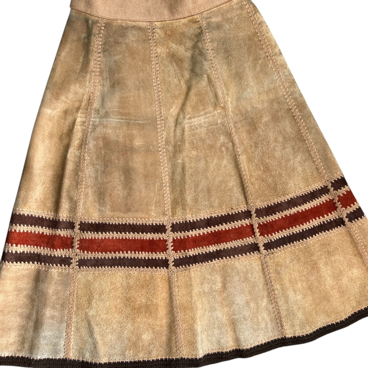 Vintage 60s 70s Suede Acrylic Knit Patchwork Leather Midi Skirt A-Line Women’s 15/16