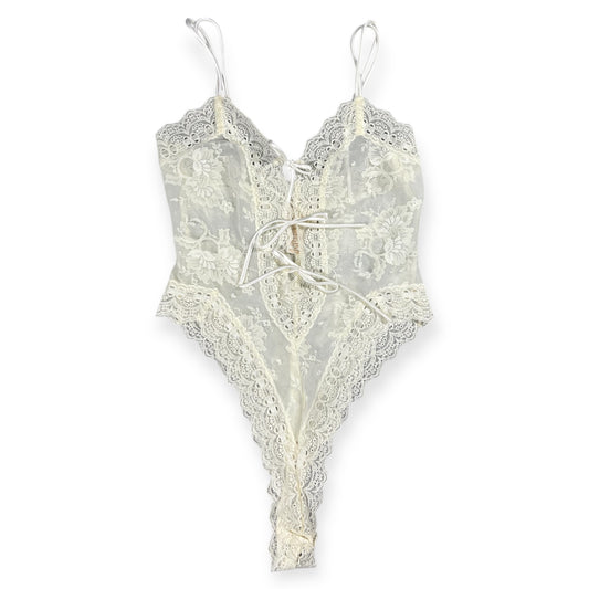 80s Gold Label Victorias Secret White Lace Sheer Teddy Tie Front Bridal Coquette P