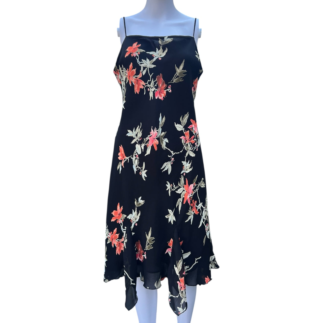 90s Y2K Lily Black Floral Chiffon Midi Dress Handkerchief Hem Women’s Large Made in USA