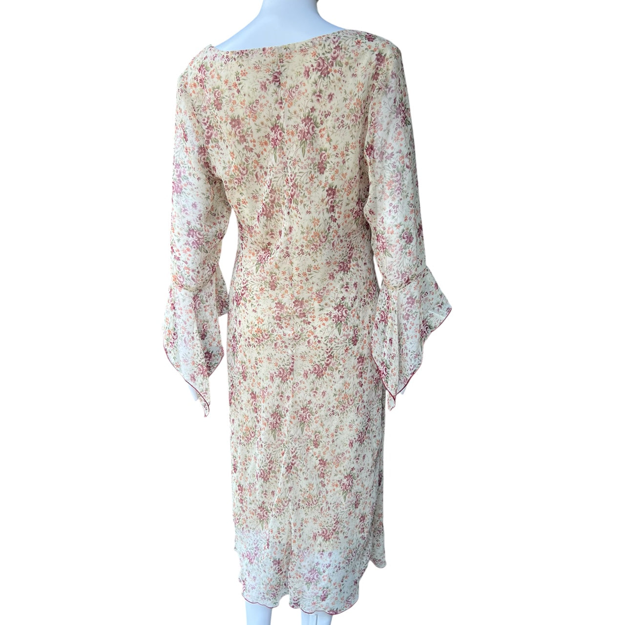 90s Studio Y Sheer Floral Scoop Neck Midi Dress Flared Sleeves Women’s 13 Made in USA