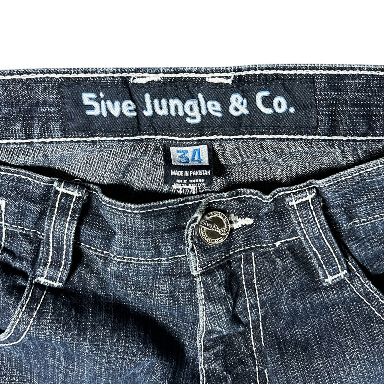 Vintage Y2K 5ive Jungle & Co Baggy Jeans Embroidered Distressed Dark Blue Denim Mens 34