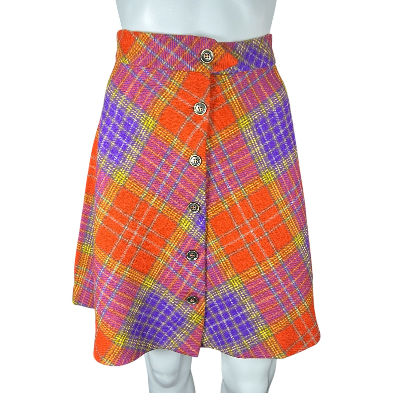 Vintage 60s 70s High Waisted Plaid Wool Skirt Button Down A-Line Retro Style Womens XS/S