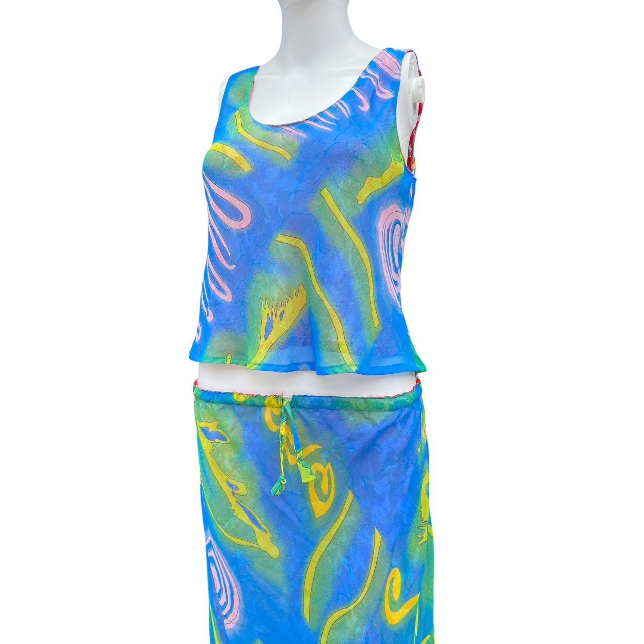 Vintage Reversible 2 Pc. Chiffon Tank Top Skirt Set Abstract Floral Print Women’s S/M