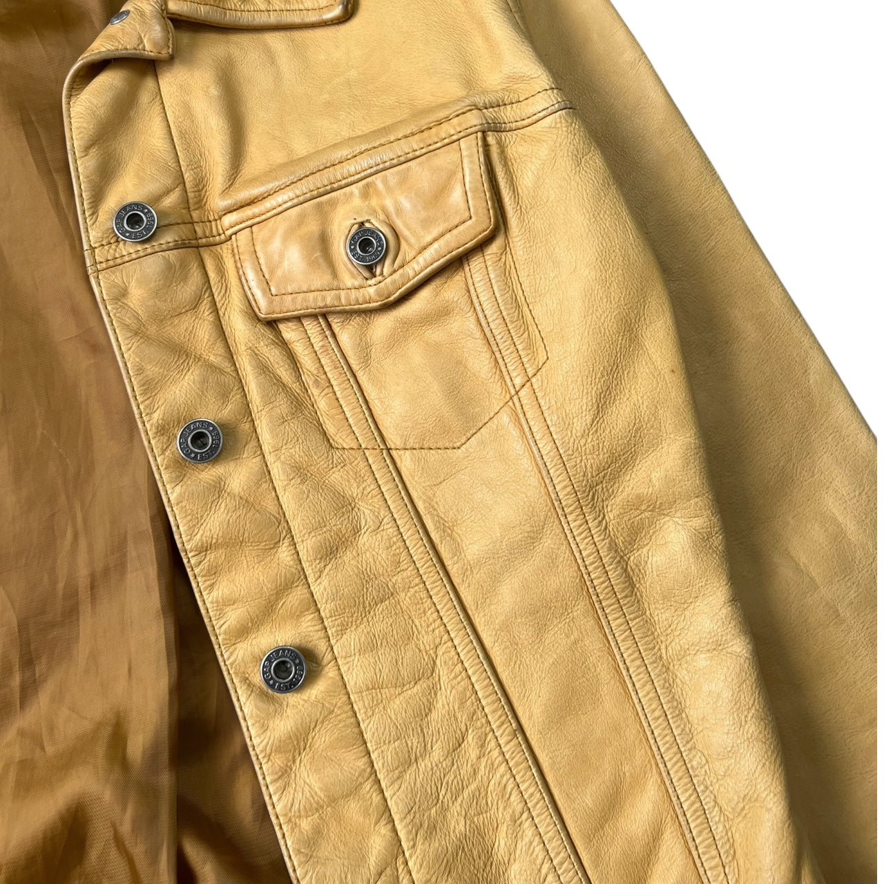 90s Y2K Gap Biege Leather Trucker Jacket Women’s Medium